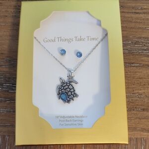 🔵 2/$10 Silver Turtle Necklace & Earrings with Blue Stones NIB Unopened